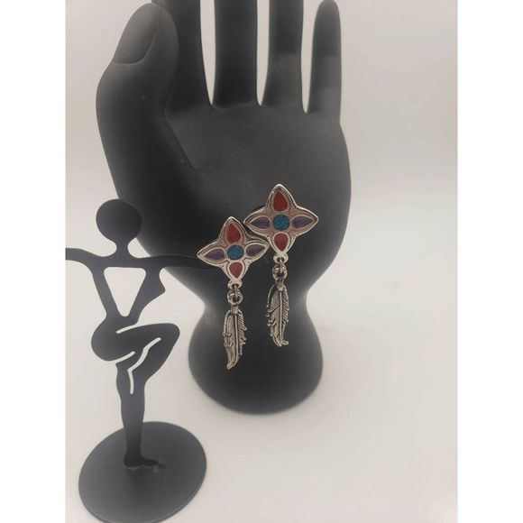 Native American costume Silver Metal Posts Diamond Design w/ Red/Purple-Turquois - Picture 1 of 6
